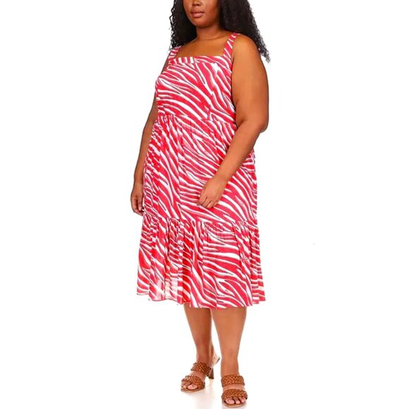MICHAEL KORS Red White A-Line Square Neck Zebra Midi Dress Size 1X NWT - Picture 1 of 6